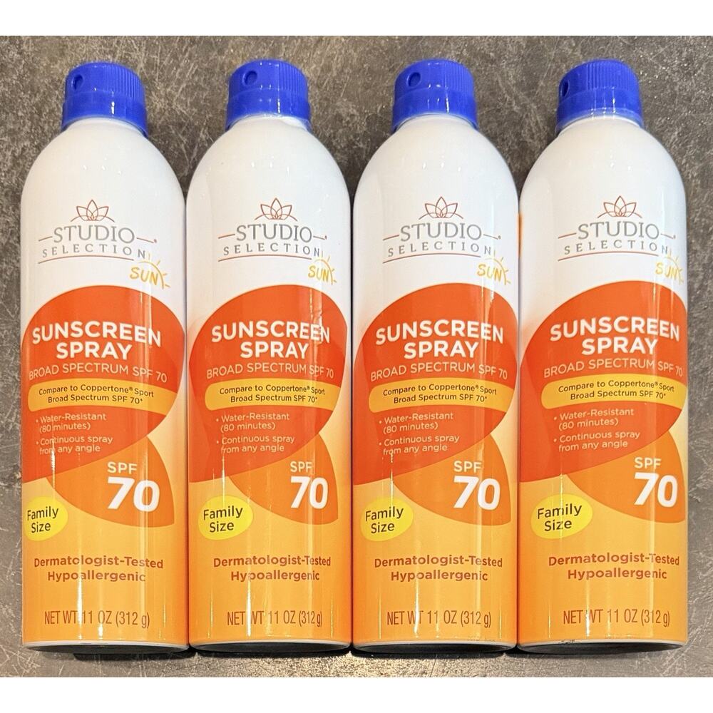 4 Family Size Cans Of Studio Selection Hypoallergenic Sunscreen Spray SPF 70 New